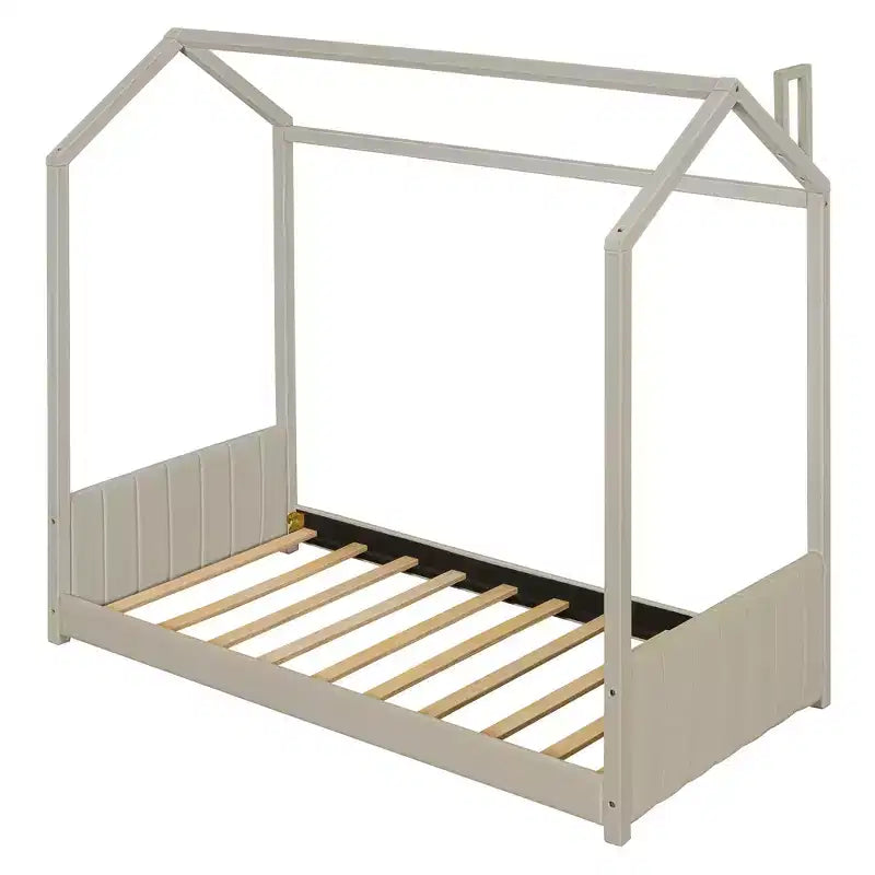 Telaio letto a casetta per materasso singolo/matrimoniale, con rivestimento in velluto, beige