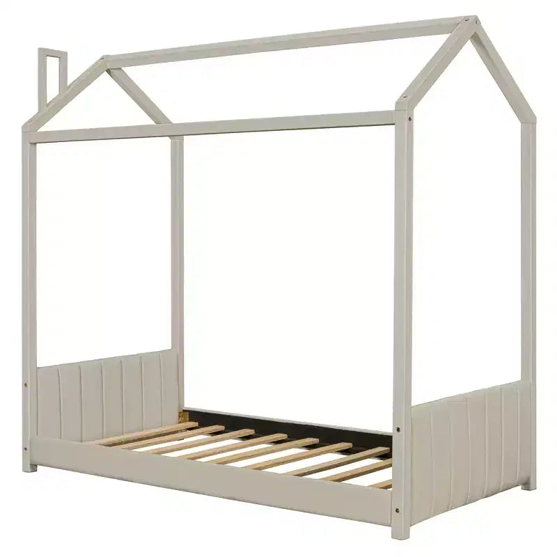 Telaio letto a casetta per materasso singolo/matrimoniale, con rivestimento in velluto, beige