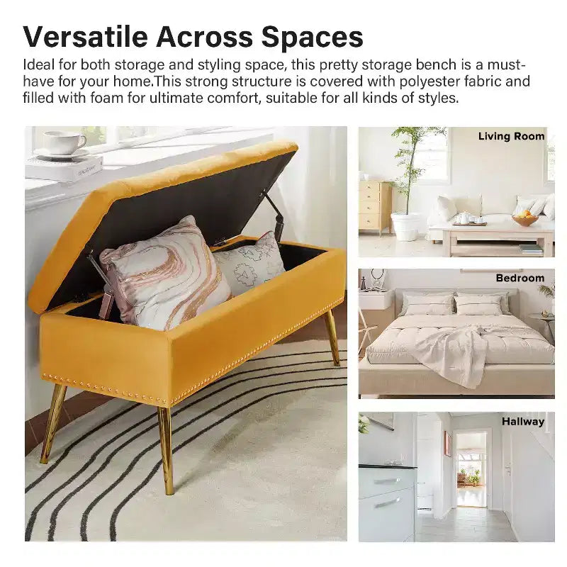Panca contenitore con borchie decorative e seduta trapuntata a bottoni