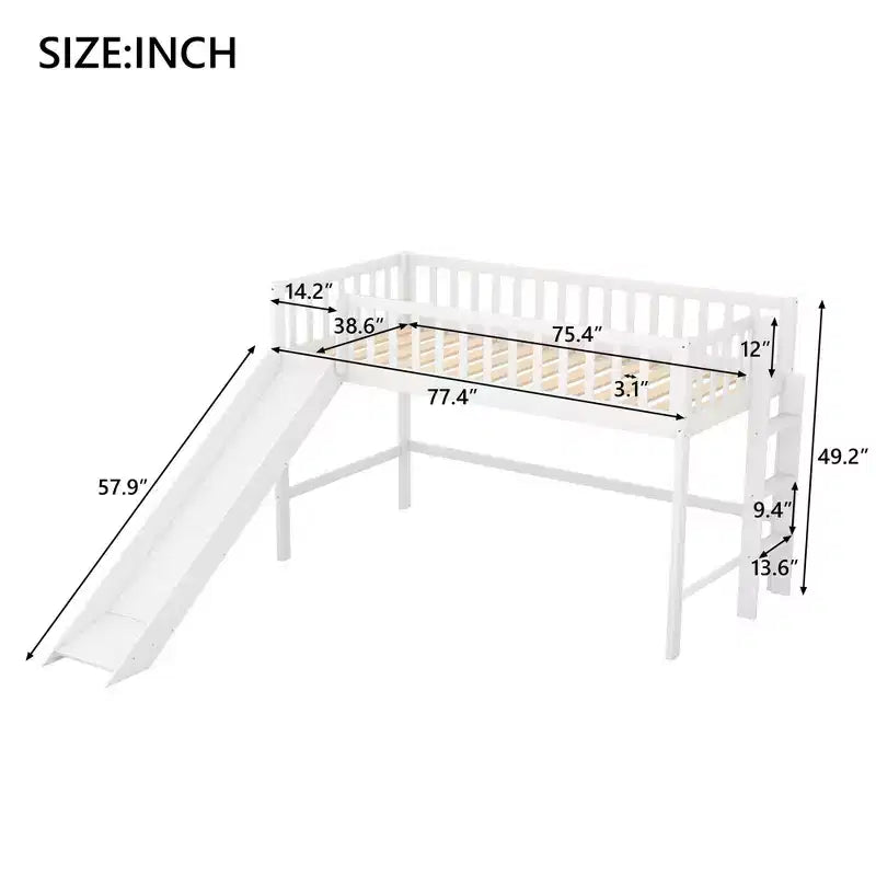 Letto a soppalco per bambini singolo/matrimoniale con scivolo, ringhiera di sicurezza e scaletta