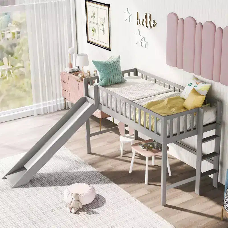 Letto a soppalco per bambini singolo/matrimoniale con scivolo, ringhiera di sicurezza e scaletta