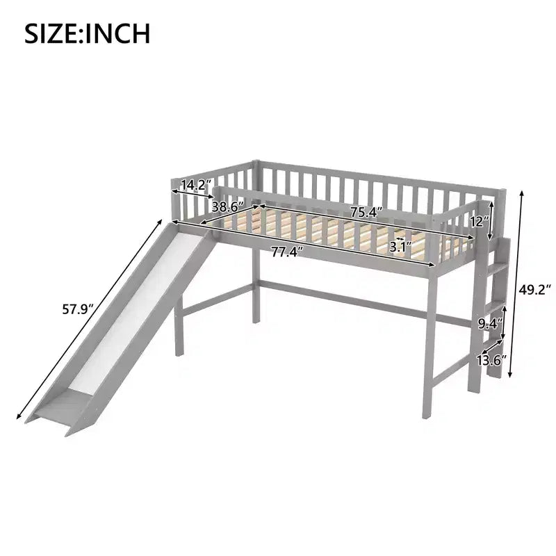 Letto a soppalco per bambini singolo/matrimoniale con scivolo, ringhiera di sicurezza e scaletta