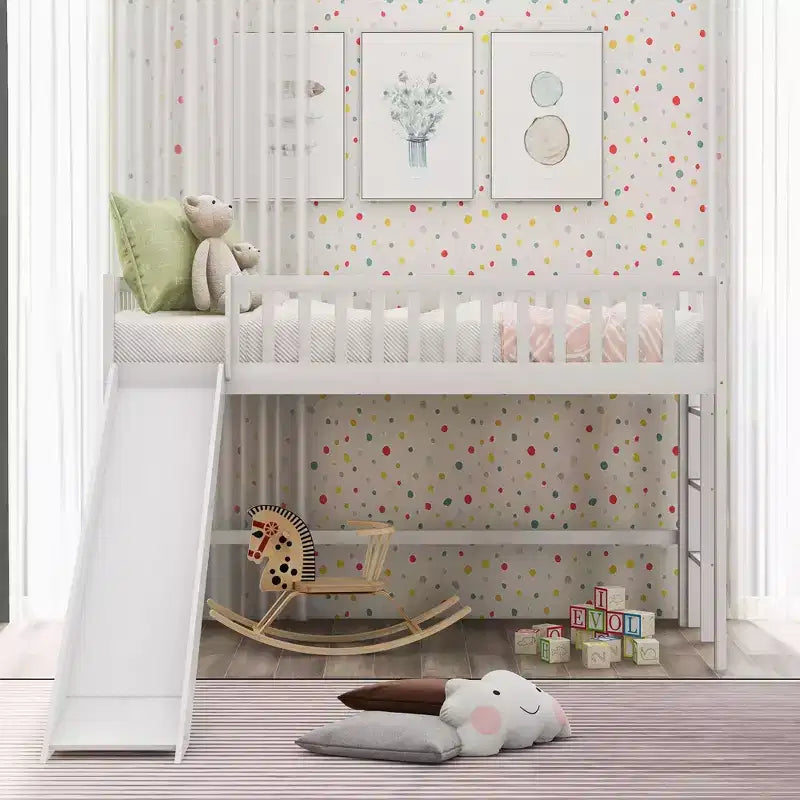 Letto a soppalco per bambini singolo/matrimoniale con scivolo, ringhiera di sicurezza e scaletta