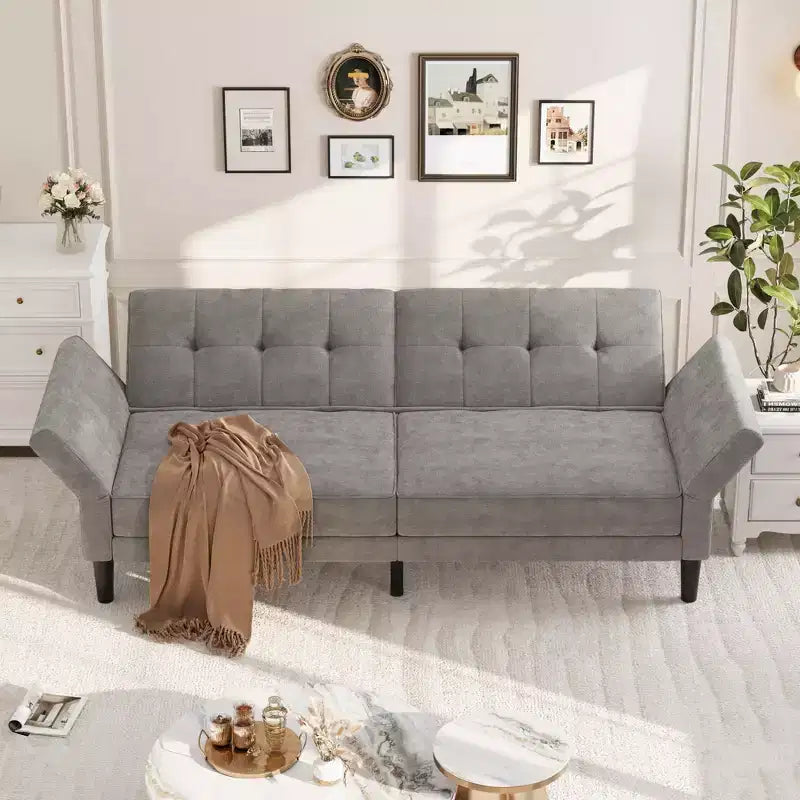 Divano letto futon convertibile con schienale e braccioli regolabili