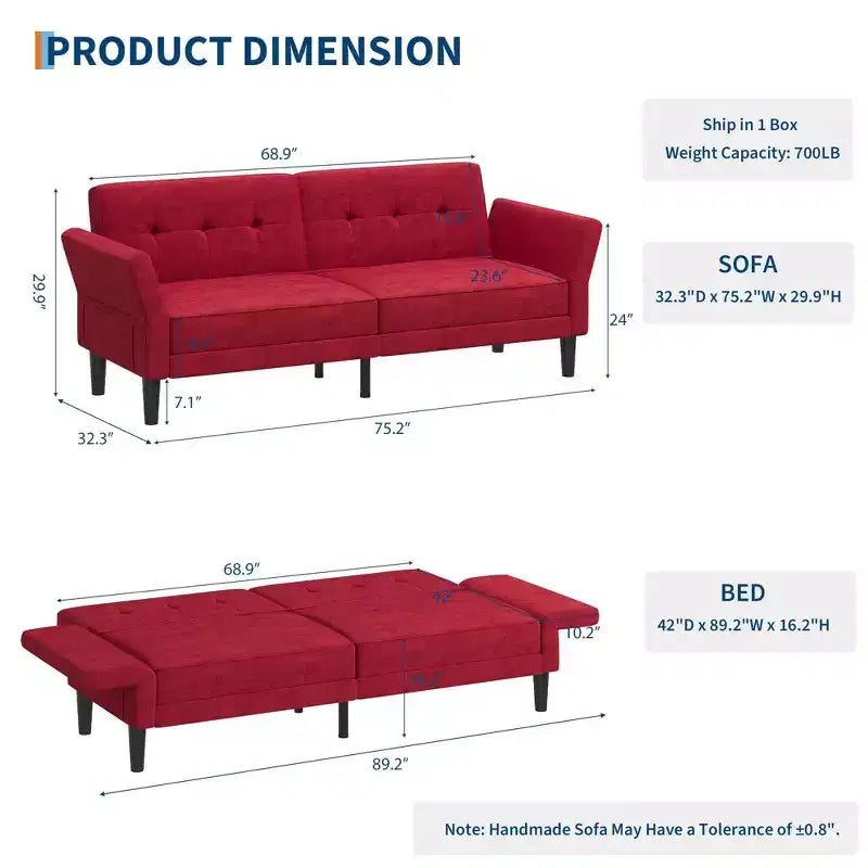 Divano letto futon convertibile con schienale e braccioli regolabili