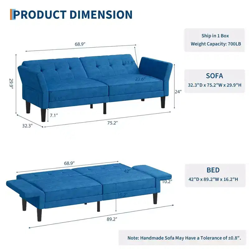Divano letto futon convertibile con schienale e braccioli regolabili