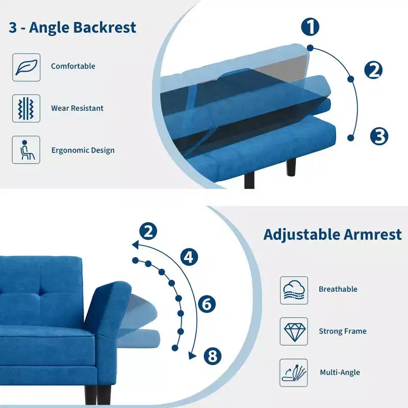 Divano letto futon convertibile con schienale e braccioli regolabili