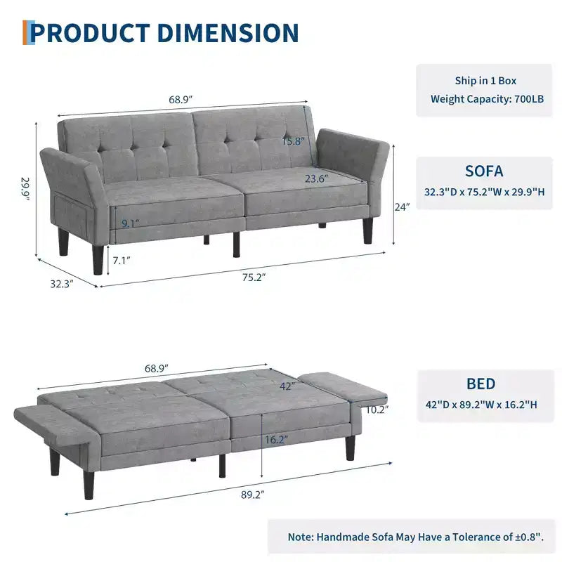 Divano letto futon convertibile con schienale e braccioli regolabili