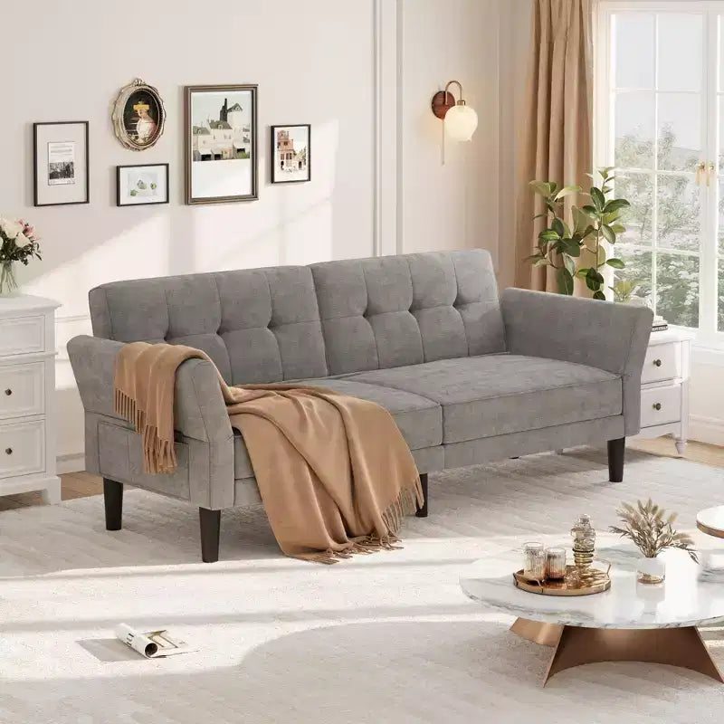 Divano letto futon convertibile con schienale e braccioli regolabili