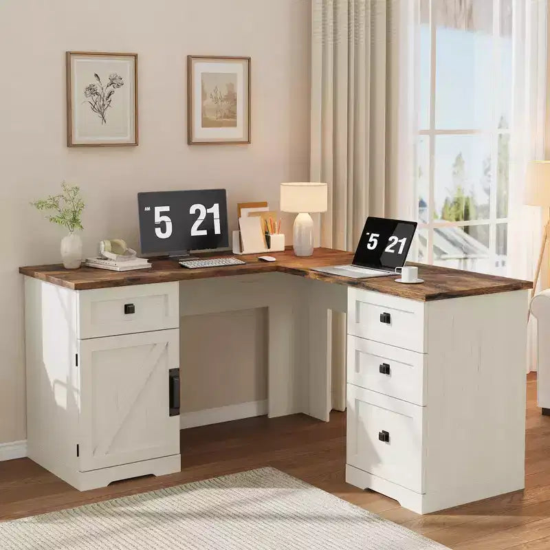 Scrivania angolare a L con cassetti e mobiletto contenitore