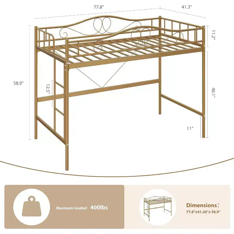 Letto a soppalco singolo in metallo con scaletta e sponda di sicurezza