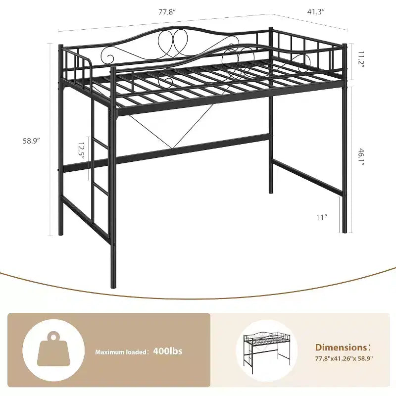 Letto a soppalco singolo in metallo con scaletta e sponda di sicurezza