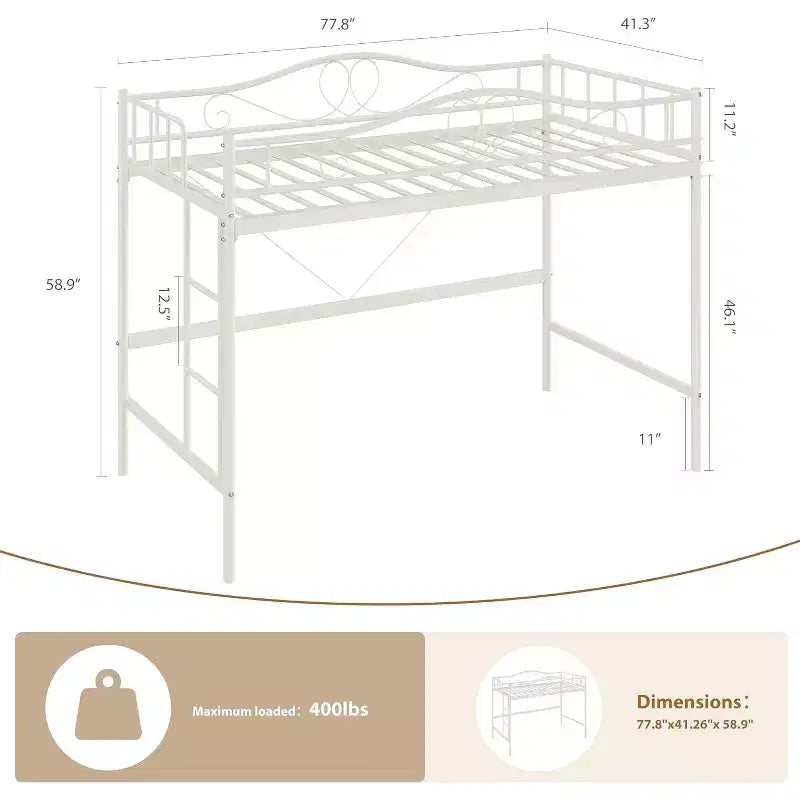 Letto a soppalco singolo in metallo con scaletta e sponda di sicurezza