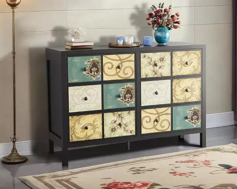 6 Drawers Dresser for Bedroom, Wood Rustic Chest of Drawers with Metal Handle, Retro Floral Pattern Drawer, Farmhouse Dresser for Bedroom