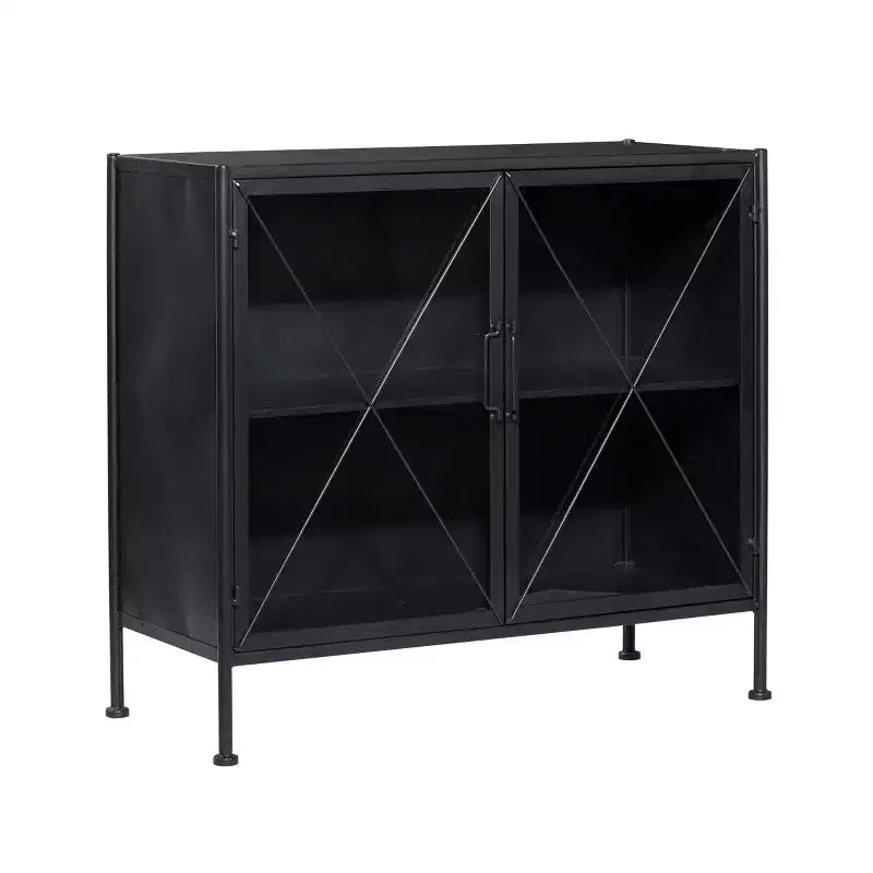 Olivia & May Industrial Metal Cabinet Black: No Assembly, Iron Frame, Fretwork Design, Includes Anti-Tip Hardware
