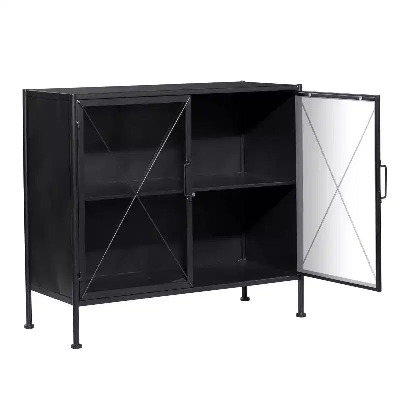 Mobiletto in ferro e vetro a due ante con motivo traforato