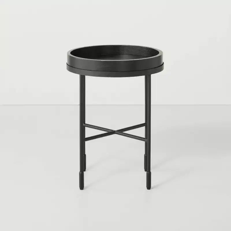 Tavolino d'appoggio rotondo in legno e metallo - nero