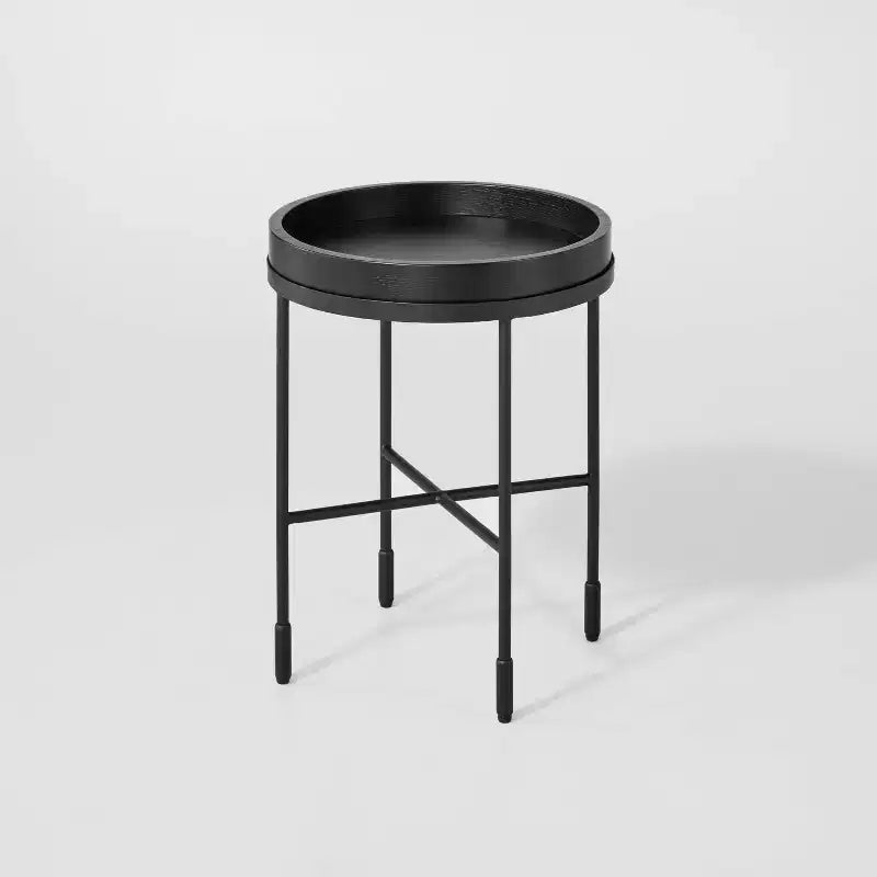 Tavolino d'appoggio rotondo in legno e metallo - nero