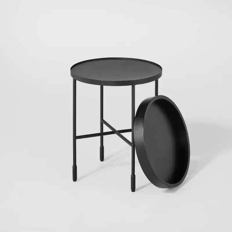 Tavolino d'appoggio rotondo in legno e metallo - nero