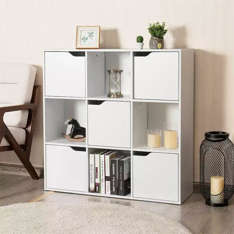 Mobile contenitore a 9 cubi con ante e ripiani aperti