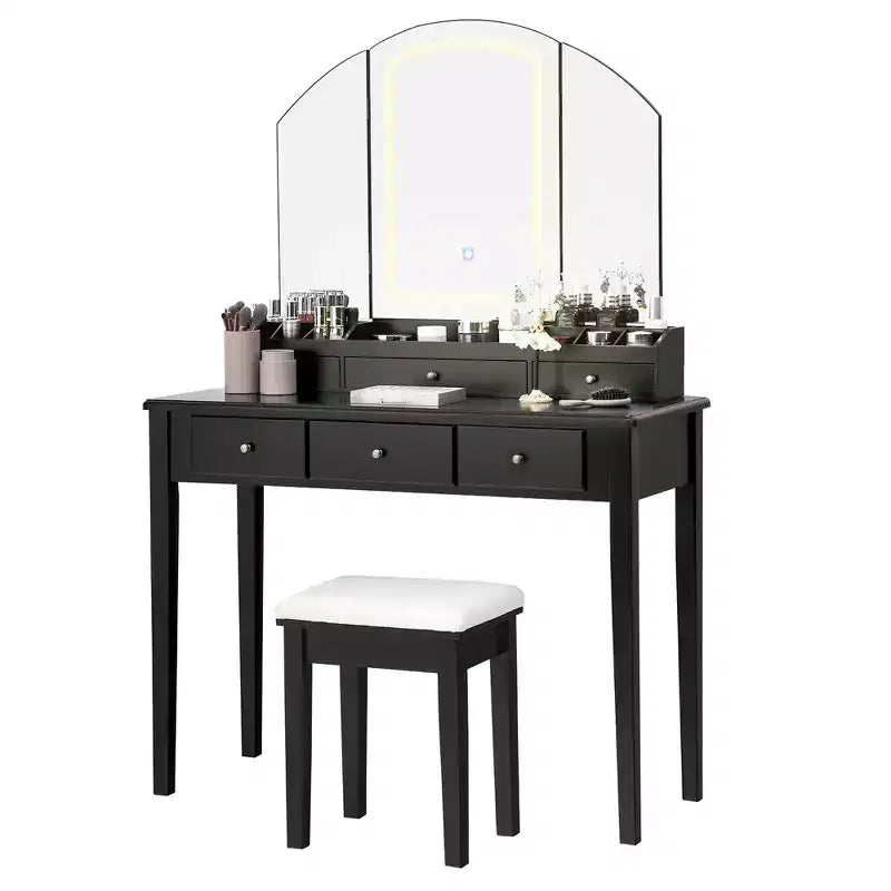 Toeletta con sgabello, specchio a tre ante illuminato e 6 cassetti – Bianco/Nero