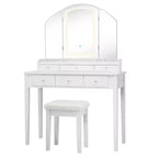 Toeletta con sgabello, specchio a tre ante illuminato e 6 cassetti – Bianco/Nero