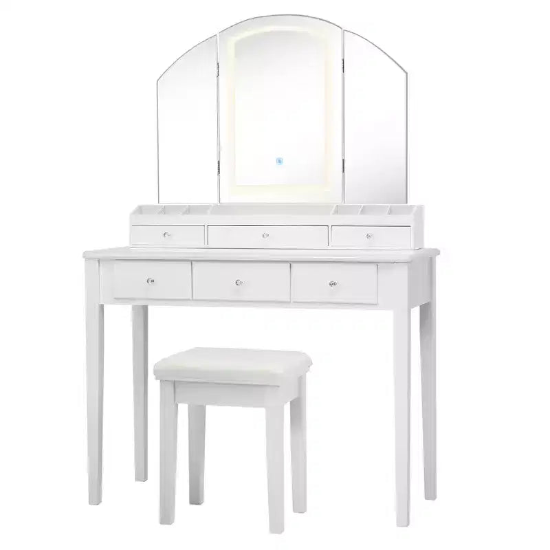 Toeletta con sgabello, specchio a tre ante illuminato e 6 cassetti – Bianco/Nero