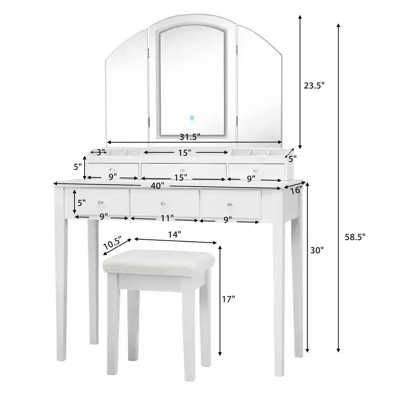 Toeletta con sgabello, specchio a tre ante illuminato e 6 cassetti – Bianco/Nero