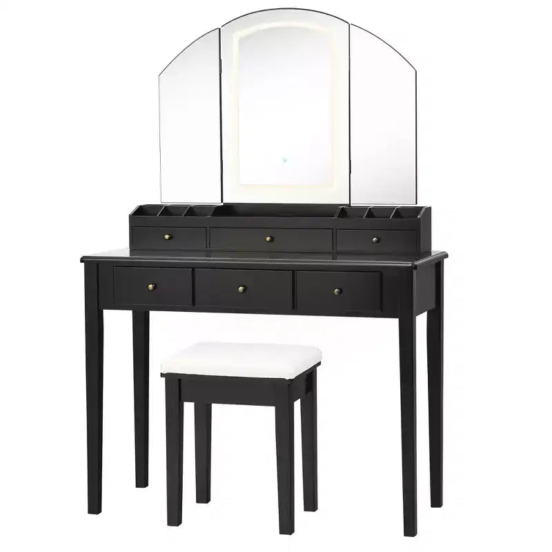 Toeletta con sgabello, specchio a tre ante illuminato e 6 cassetti – Bianco/Nero
