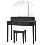 Toeletta con sgabello, specchio a tre ante illuminato e 6 cassetti – Bianco/Nero