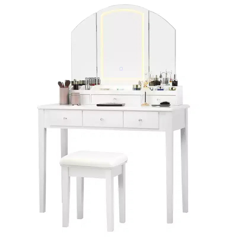 Toeletta con sgabello, specchio a tre ante illuminato e 6 cassetti – Bianco/Nero