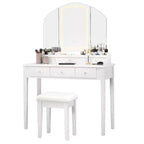 Toeletta con sgabello, specchio a tre ante illuminato e 6 cassetti – Bianco/Nero