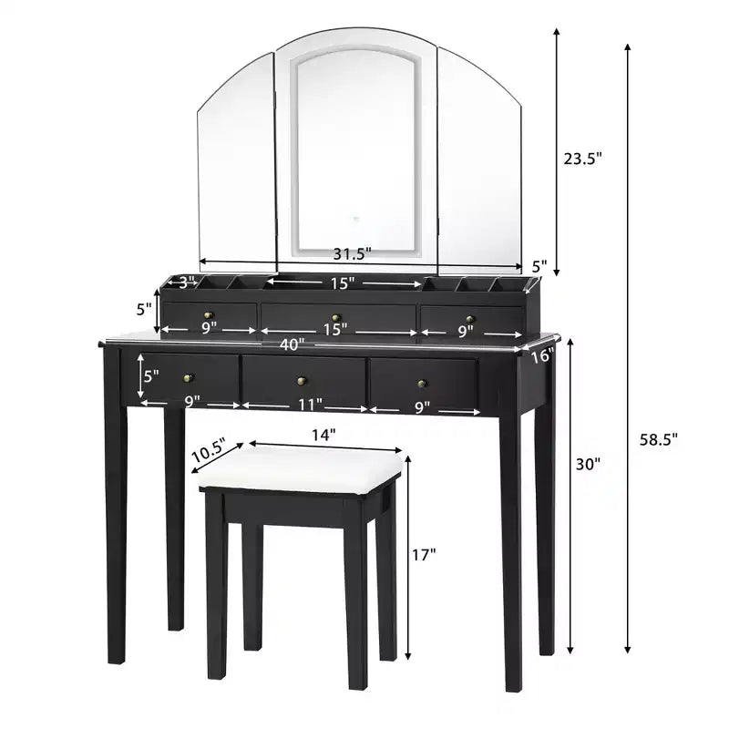 Toeletta con sgabello, specchio a tre ante illuminato e 6 cassetti – Bianco/Nero