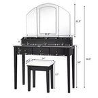 Toeletta con sgabello, specchio a tre ante illuminato e 6 cassetti – Bianco/Nero
