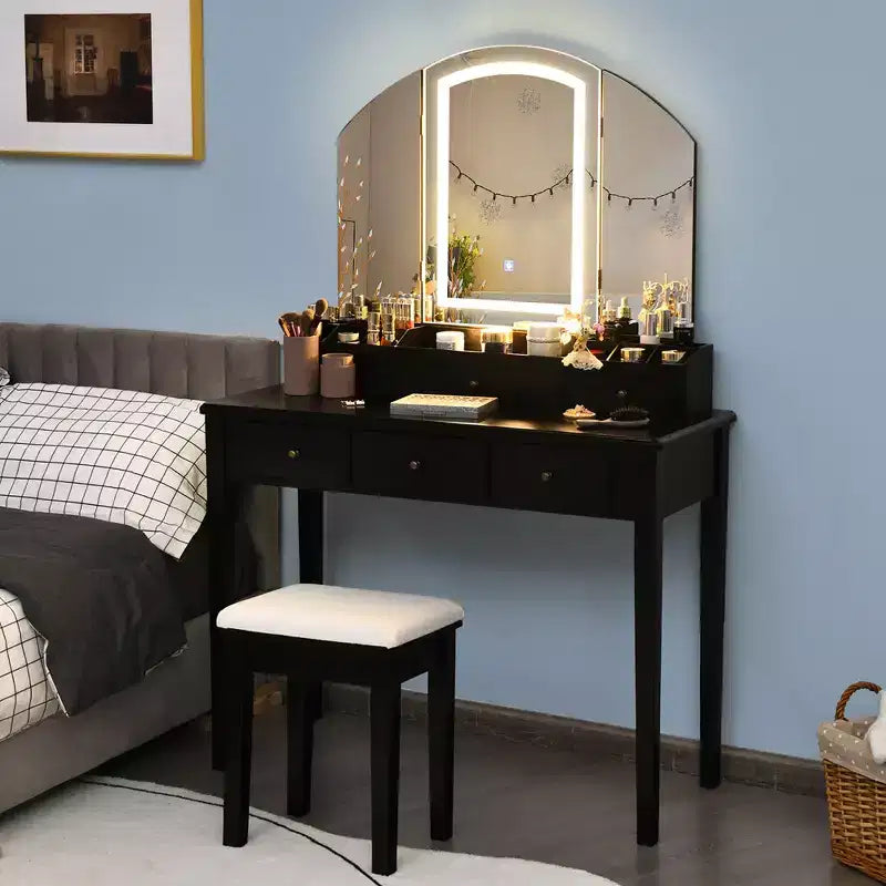 Toeletta con sgabello, specchio a tre ante illuminato e 6 cassetti – Bianco/Nero