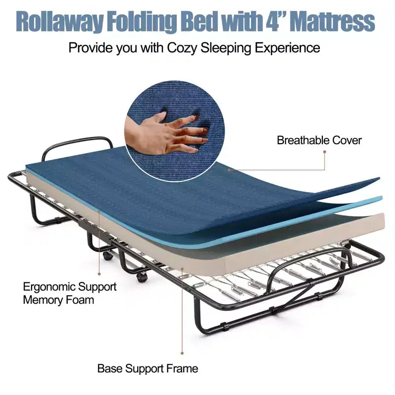 Letto pieghevole con materasso in memory foam – Brandina portatile per ospiti, Blu navy