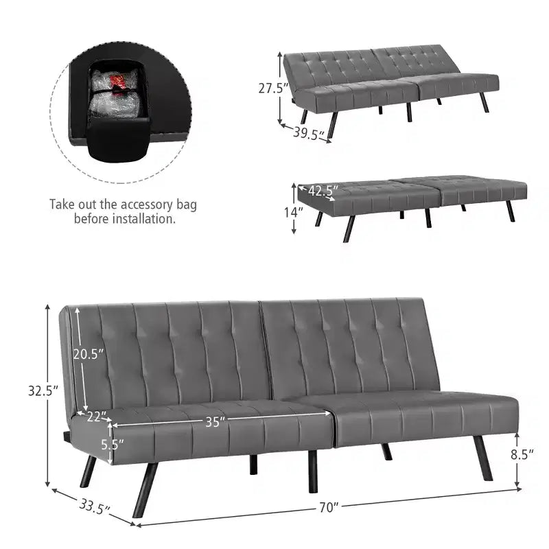 Divano Letto Futon Pieghevole – Divano Letto Trasformabile in Pelle PU, Nero/Grigio