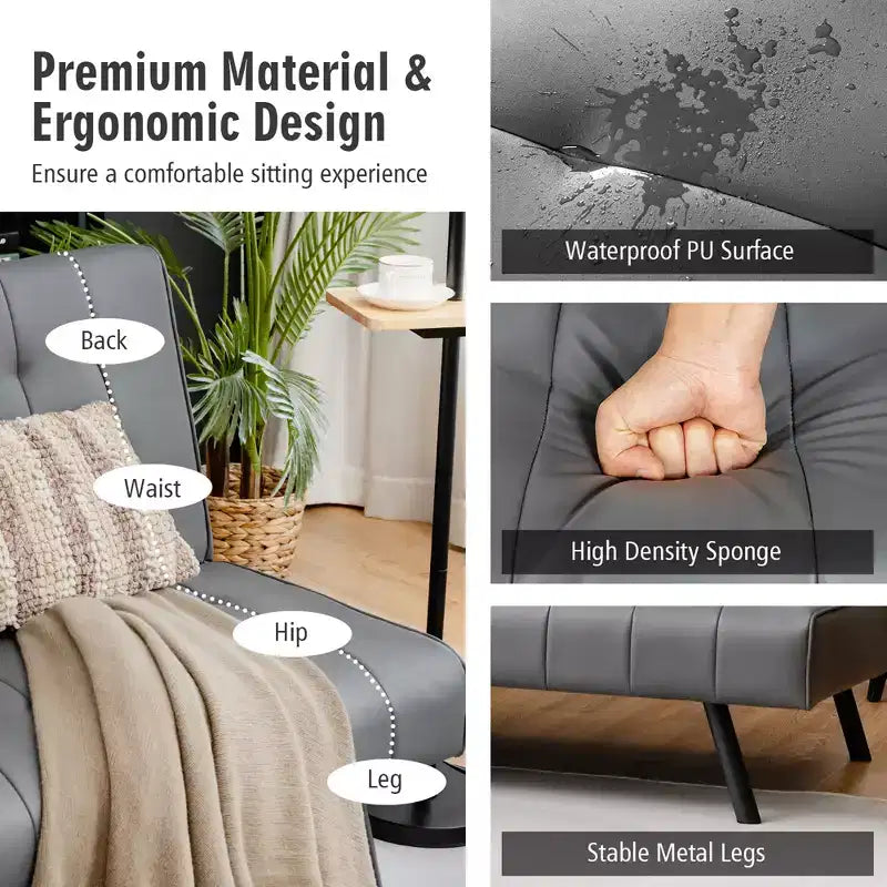 Divano Letto Futon Pieghevole – Divano Letto Trasformabile in Pelle PU, Nero/Grigio