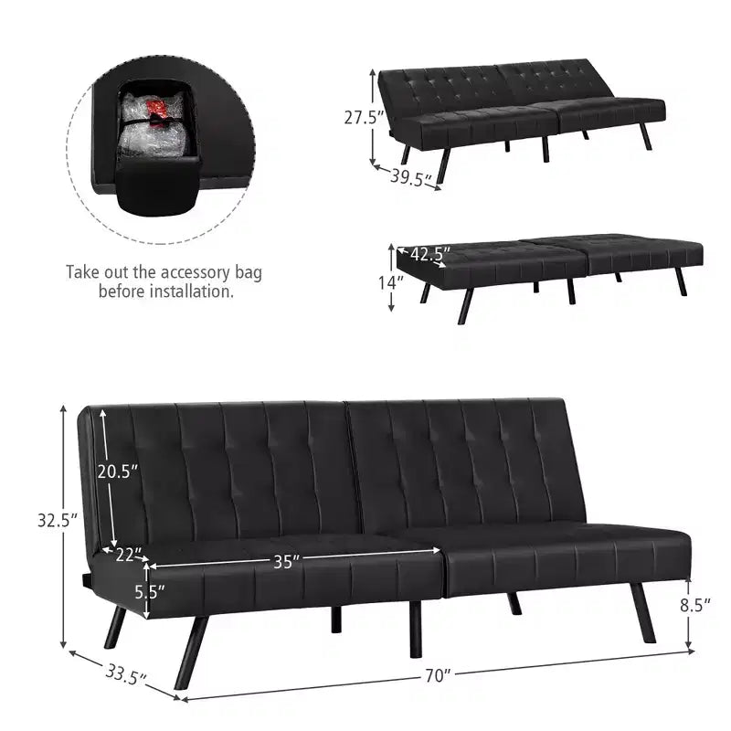 Divano Letto Futon Pieghevole – Divano Letto Trasformabile in Pelle PU, Nero/Grigio